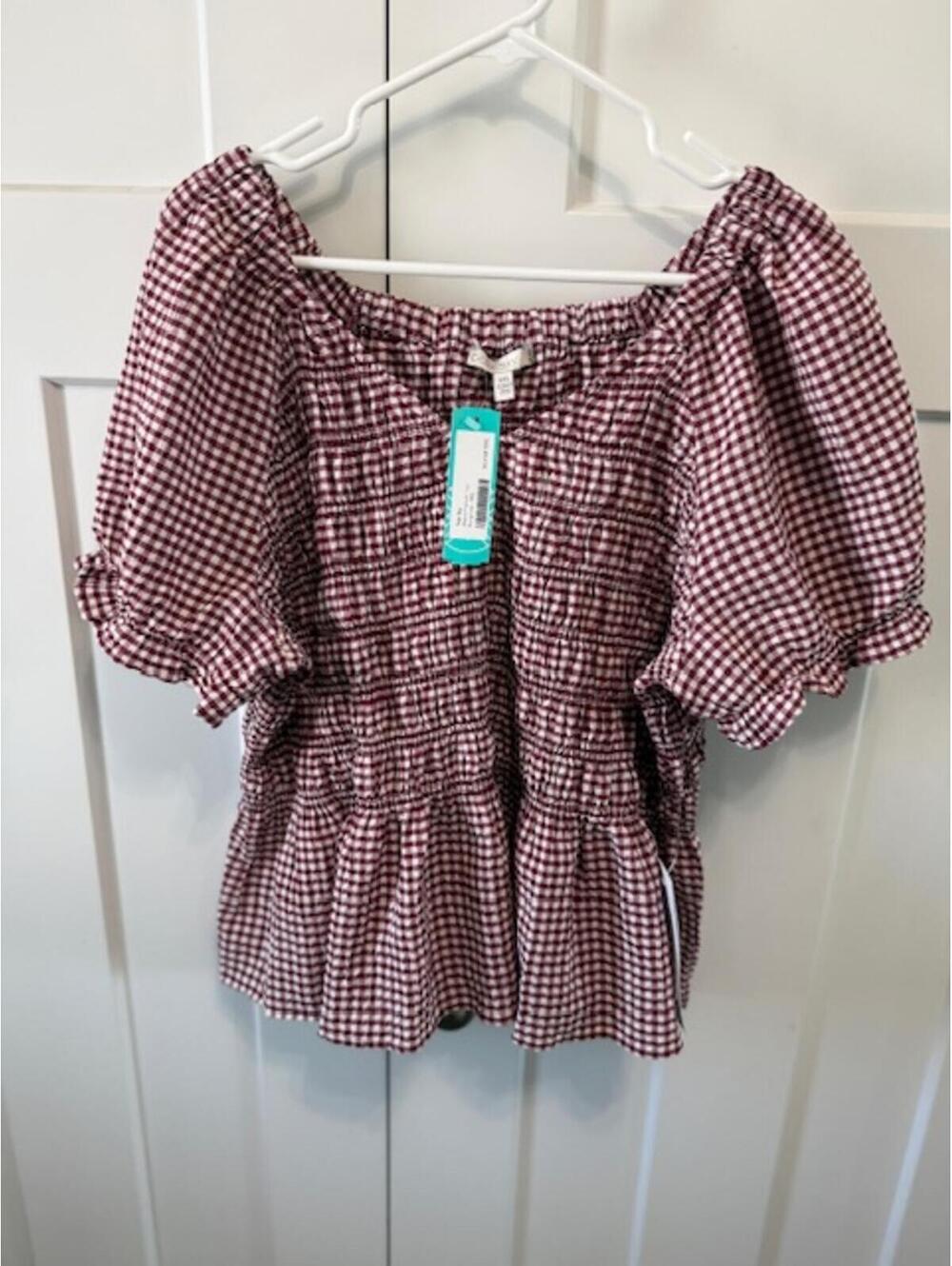 NWT Pale Sky Maisie Peplum top in burgundy and white gingham size XXL